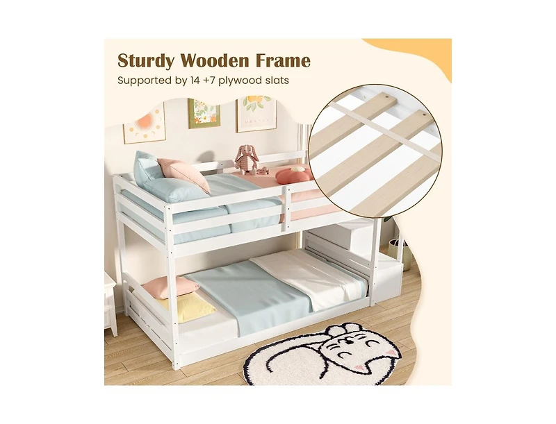 Slickblue Twin Over Twin Bunk Bed with Storage Stairs, Solid Wood Frame - 42
