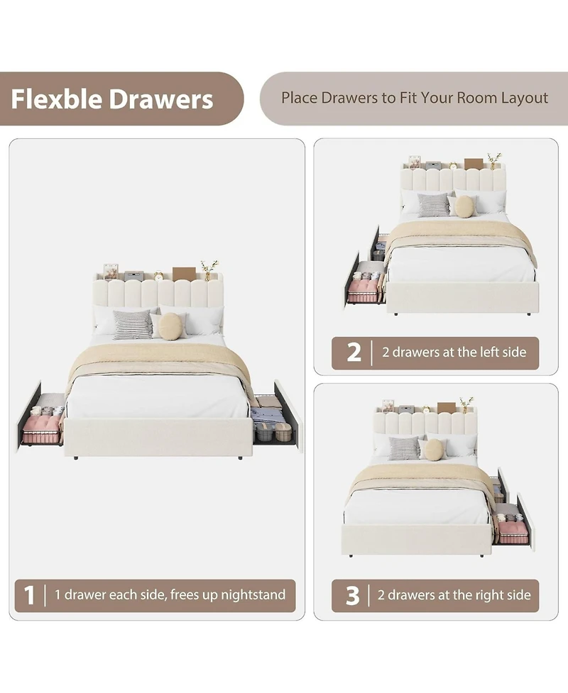 Gaomon Full Size Boucle Upholstered Platform Bed with Wavy Headboard, Storage Bookcase, 2 Drawers