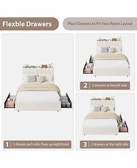 Gaomon Full Size Boucle Upholstered Platform Bed with Wavy Headboard, Storage Bookcase, 2 Drawers