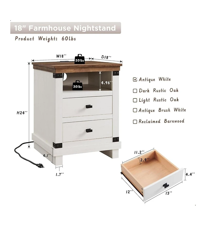 gaomon Set of 2 18 Inch Antique Farmhouse Nightstands, 2-Drawer Rustic Bedside Table with Charging Station