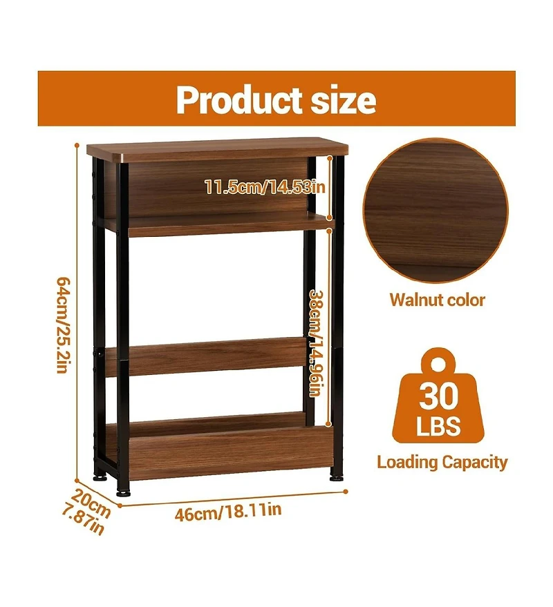 gaomon Walnut Narrow Side Table Nightstand, Storage Shelf & Magazine Rack Slim Organizer for Small Bathroom Bedroom