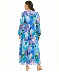 London Times Plus Long-Sleeve V-Neck Maxi Dress