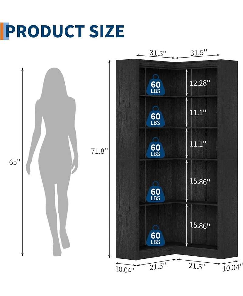 Gaomon Corner Bookshelf, 71.8 Bookcase, L-Shaped Bookshelf Farmhouse 5 Tier Display Shelf Heavy Duty Bookcases