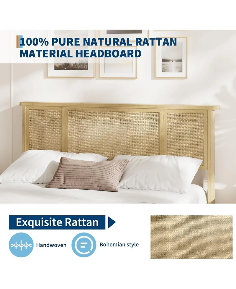 gaomon Full Bohemian Rattan Headboard Bed with Wood Slats, Metal Platform, Cane Accent, Durable Support, No Box Spring Needed