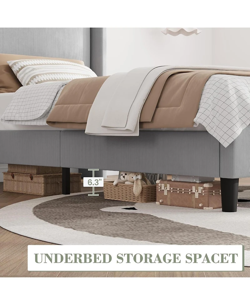 gaomon Twin Bed Frame with Wingback Headboard, Vertical Stripe Velvet Upholstery, 2 Storage Pockets, Wood Slats