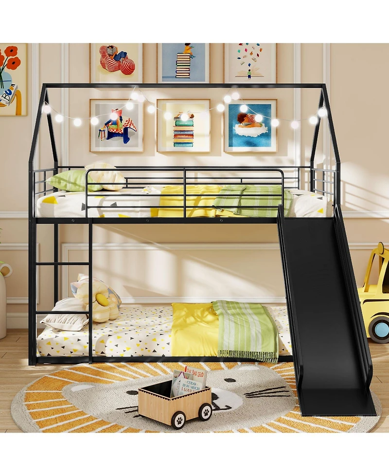 Slickblue Kids House Style Metal Low Bunk Bed, Twin Over Twin