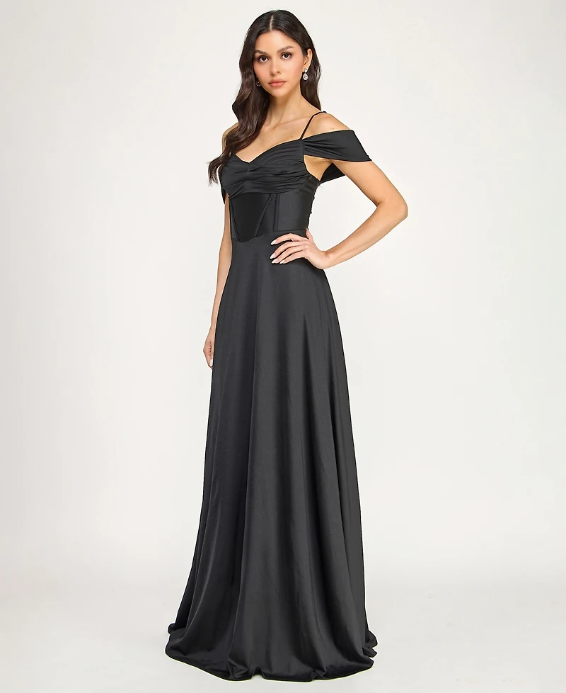 City Studios Juniors' Off-The-Shoulder Lace Up Back Gown