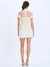 Miss Circle Women's Taylor Ivory Fur Trimmed Beaded Boucle Mini Dress
