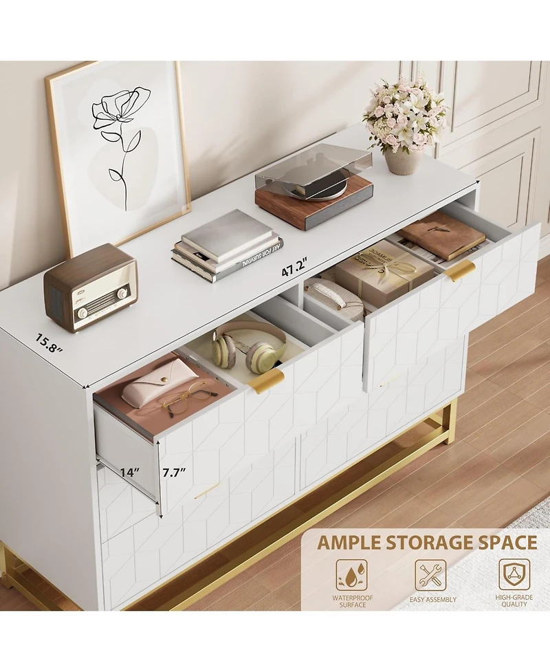 gaomon 47.2" Wide Modern 6 Drawer Dresser Chest, Gold Metal Legs & Handles, Wood Storage Organizer for Bedroom