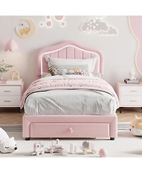 gaomon Twin Led Upholstered Bed Frame with Storage Drawer, Velvet Princess Platform for Kids