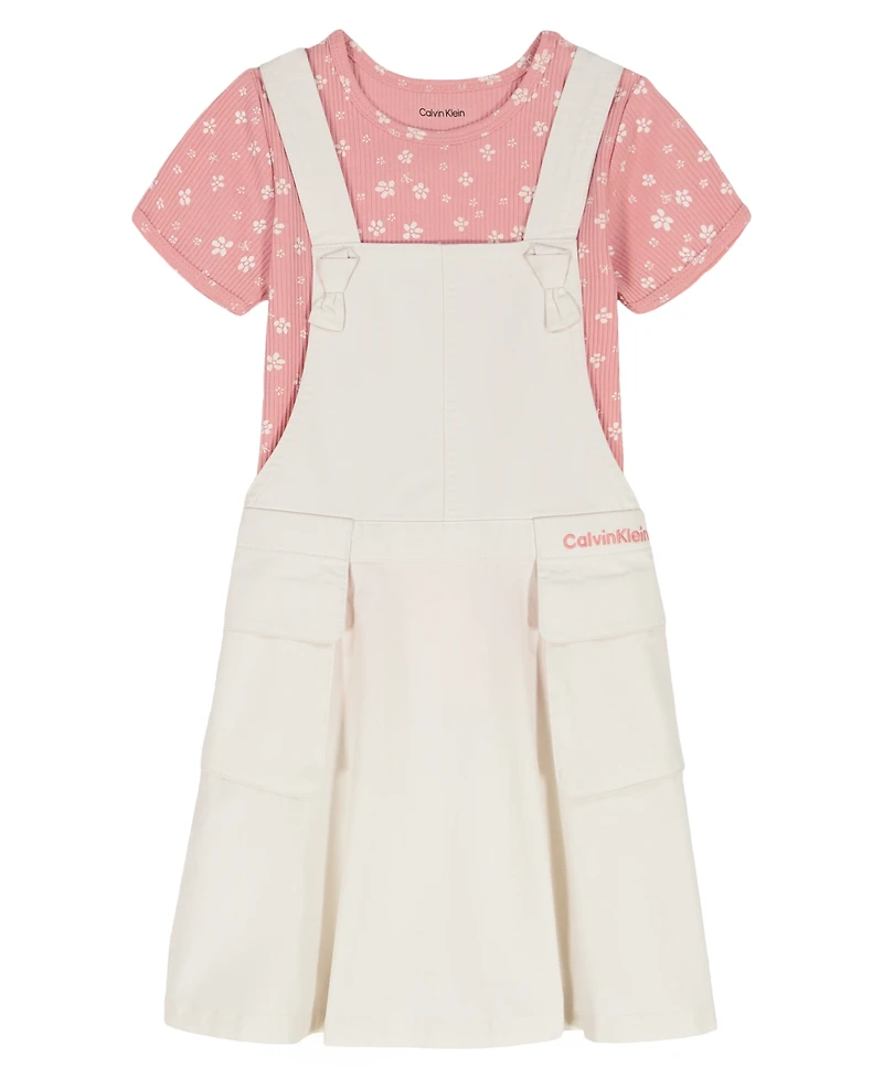 Calvin Klein Girls' Toddler 2T-4T Short-Sleeve Top and Overall, 2-Piece Set