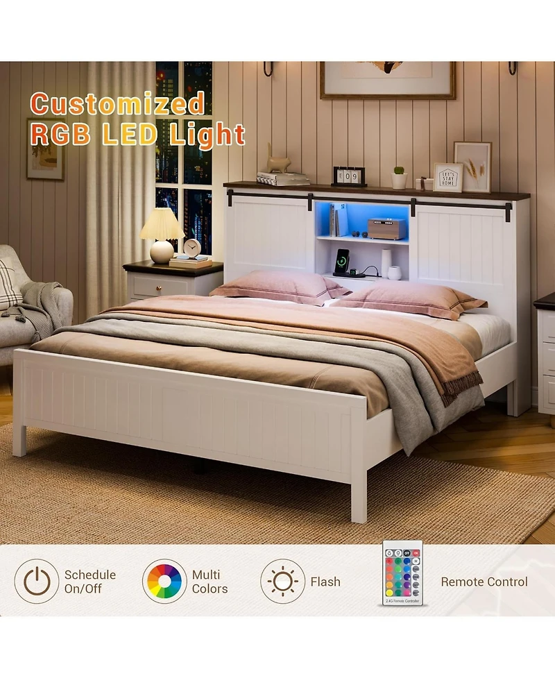 gaomon Farmhouse Bed Frame with Led Lights, Charging Station, Storage Bookcase Headboard, Sliding Barn Door - Full
