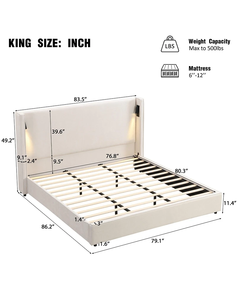 Boyel Living King Size Upholstered Bed Frame with High Wingback Headboard and Usb Port