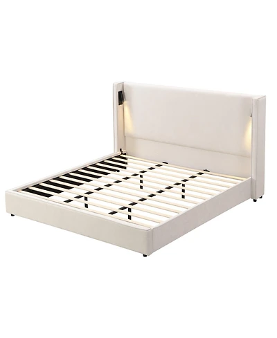 Boyel Living King Size Upholstered Bed Frame with High Wingback Headboard and Usb Port
