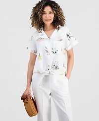 Charter Club Petite Linen Darling Floral Tie-Hem Camp Shirt, Macy's Exclusive
