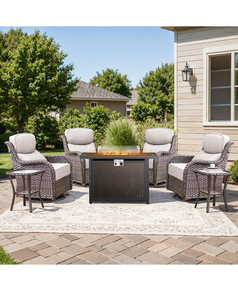 Gymojoy Crescent Brown Wicker Fire Pit Conversation Set with Olefin 6 In. Thick Cushions Patio Swivel Chairs (7-Piece)