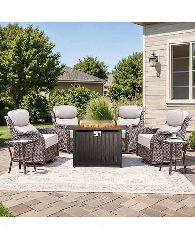 Gymojoy Crescent Brown Wicker Fire Pit Conversation Set with Olefin 6 In. Thick Cushions Patio Swivel Chairs (7-Piece)