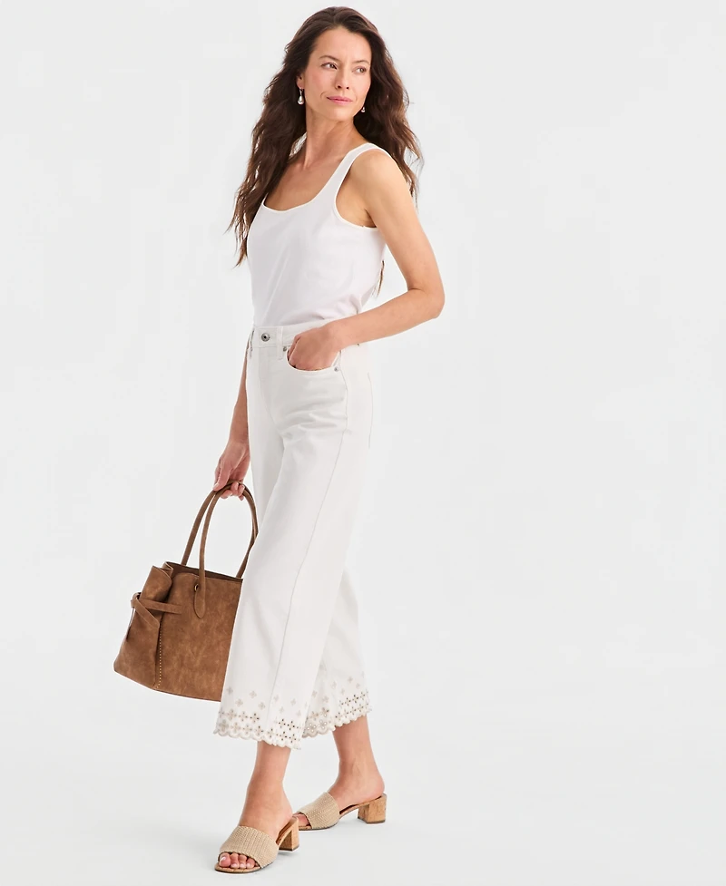 Style & Co Petite Wide-Leg Embroidered Scallop High-Rise Cropped Jeans, Macy's Exclusive