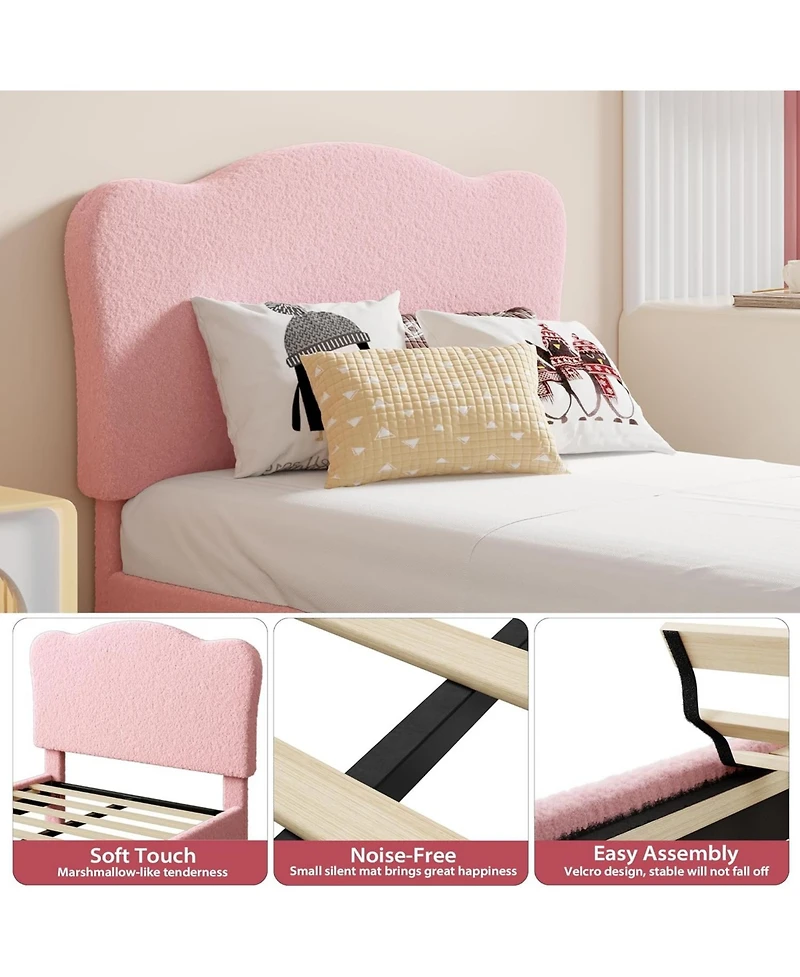 gaomon Twin Kids Velvet Bed Frame with Scallop Headboard, Upholstered Platform, Wood Slats