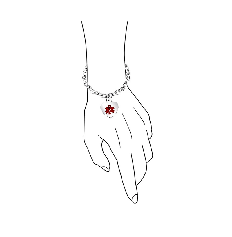 Bling Jewelry Link Chain Red Medical Id Bracelet with Heart Tag Silver Tone 7-7.5 Inch