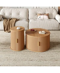 Coffee Table Set with Sliding Tambour Door and Round Fluted End for Living Room