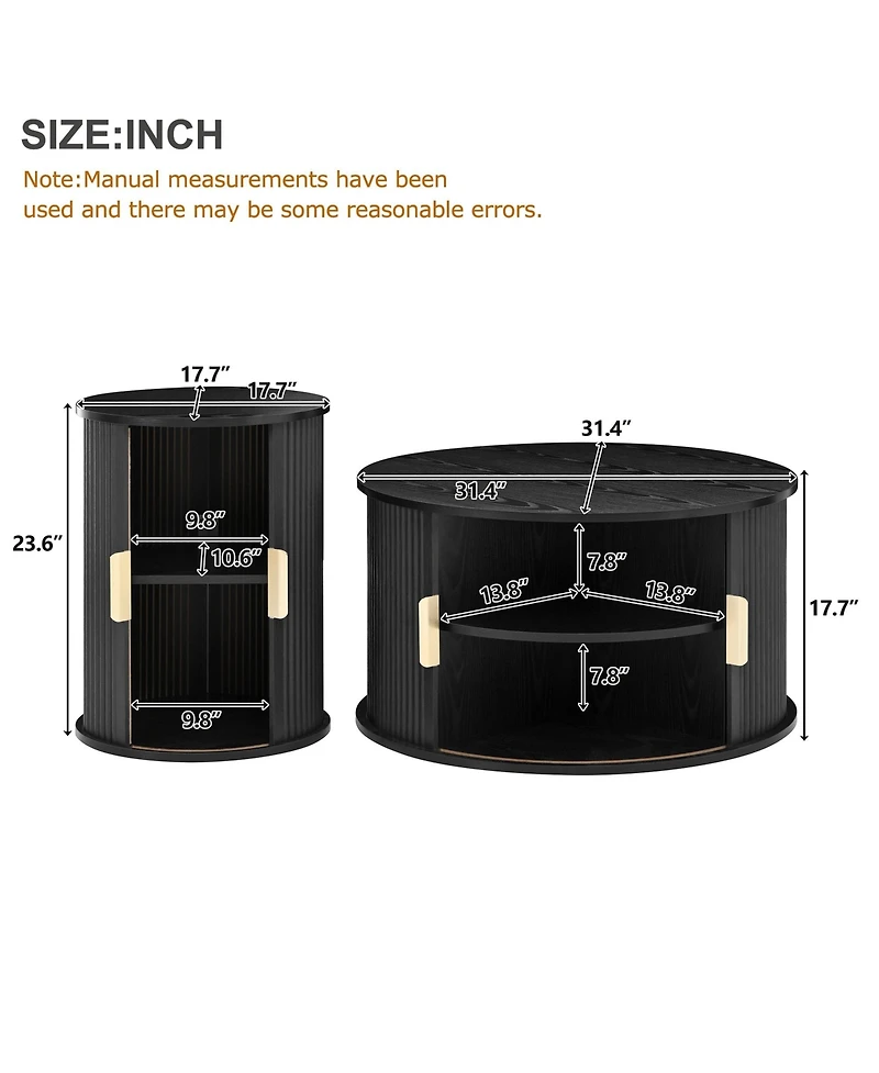 Coffee Table Set with Sliding Tambour Door and Round Fluted End for Living Room