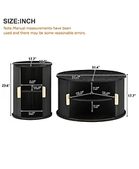 Coffee Table Set with Sliding Tambour Door and Round Fluted End for Living Room