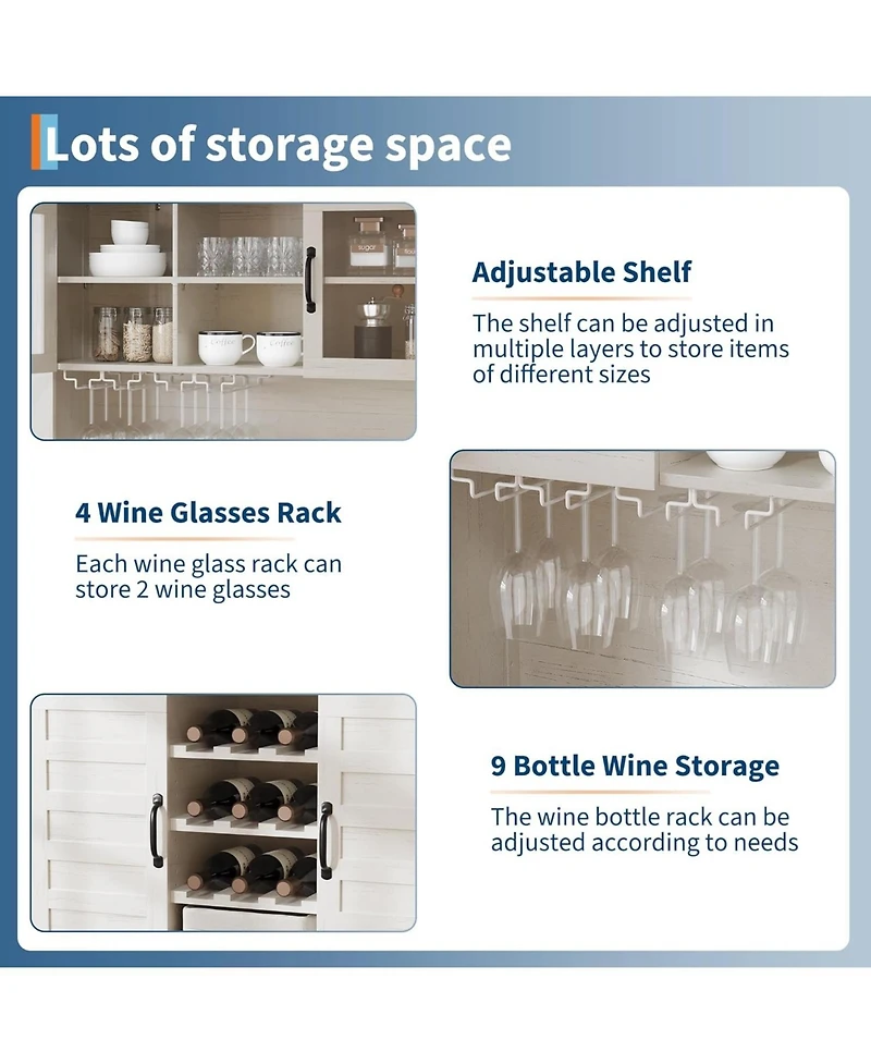 Gaomon 72" Farmhouse Coffee Bar Cabinet with Wine Rack & Glass Holder