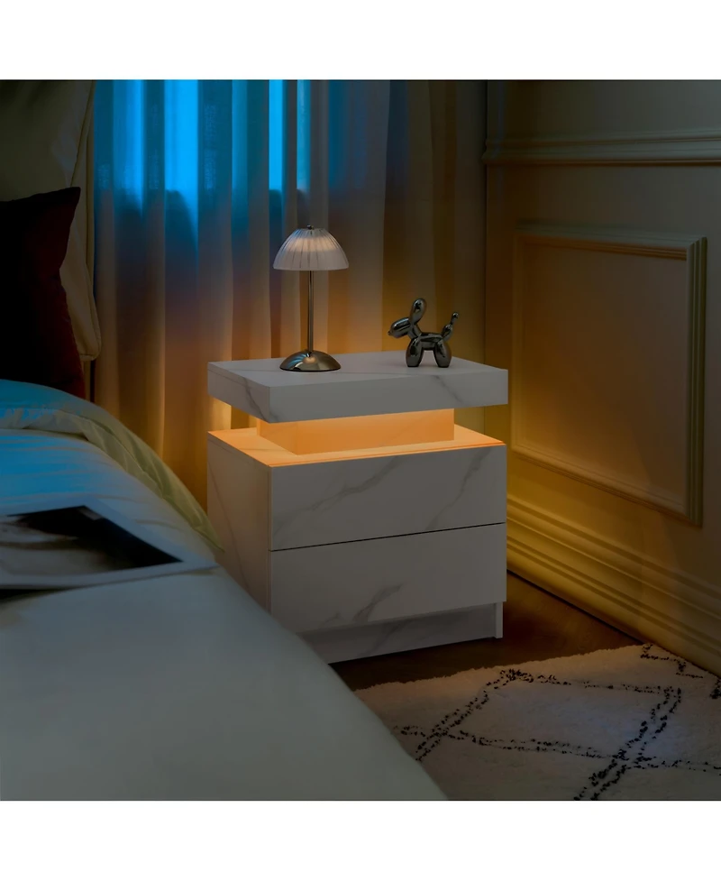 Rainsken Led Nightstand with 2 Drawers, Bedside Table Cabinet with Adjustable Color Lighting, Modern End Side Table