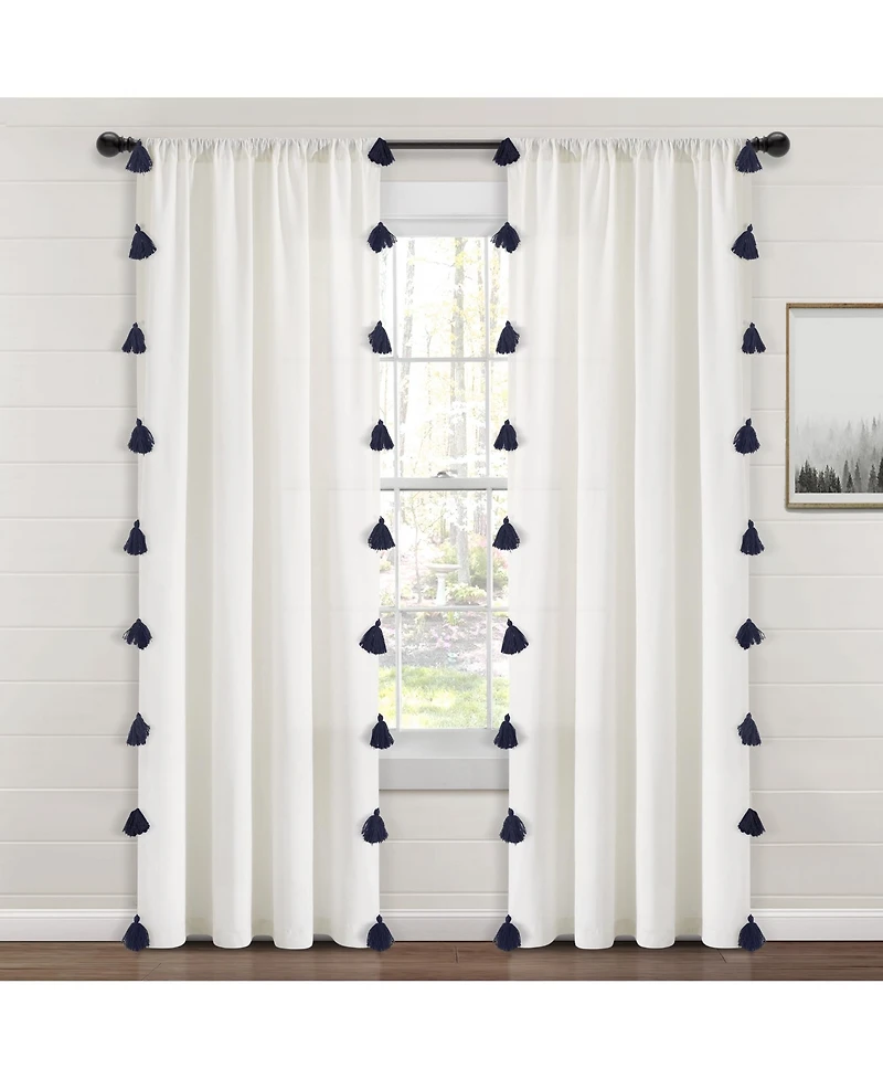 Lush Decor Boho Faux Linen Texture Tassel Window Curtain Panel Single 52"W x 84"L White & Navy - White Curtains For Bedroom