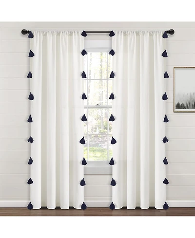 Lush Decor Boho Faux Linen Texture Tassel Window Curtain Panel Single 52"W x 84"L White & Navy - White Curtains For Bedroom
