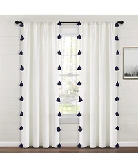 Lush Decor Boho Faux Linen Texture Tassel Window Curtain Panel Single 52"W x 84"L White & Navy - White Curtains For Bedroom