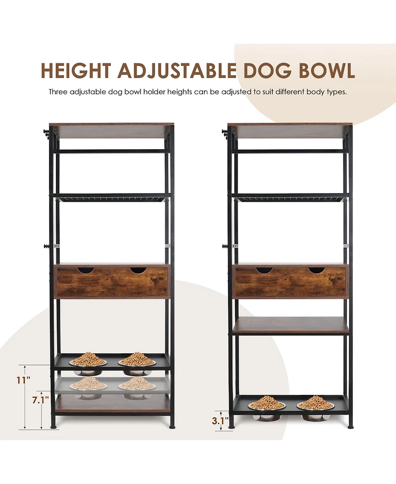 Cozito Adjustable Raised Dog Feeding Station with Storage Shelves and Hooks, 2 Stainless Steel Bowls