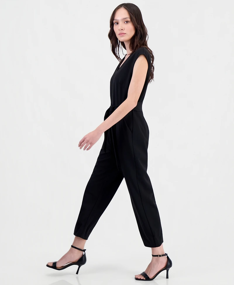 Anne Klein Essentials Petite Belted V-Neck Jumpsuit