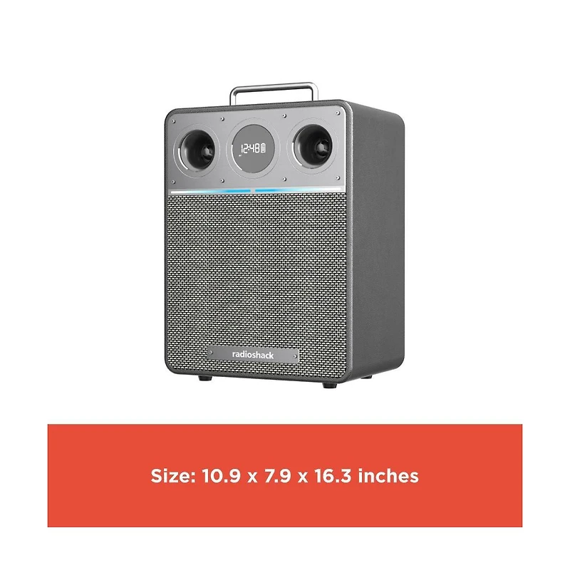 RadioShack 110W Wireless Speaker, Bluetooth/Usb/Aux, Guitar & Mic, Led Lights Metallic Finish and Grill For Powerful Sound – 4001986