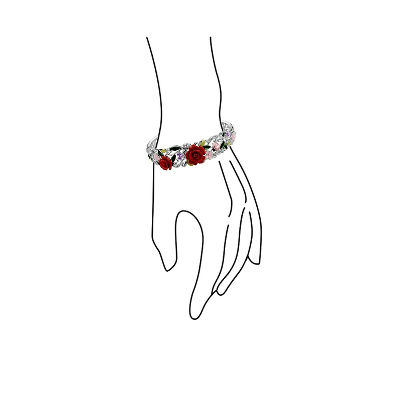 Bling Jewelry 3D Carved Ladybug Spring Garden Floral Bouquet Red Rose Flower Cuff Bracelet Filigree