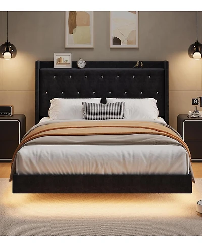 gaomon Queen Floating Bed Frame with Led Lights, Velvet Upholstered Platform, Storage Headboard