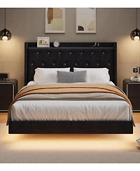 gaomon Queen Floating Bed Frame with Led Lights, Velvet Upholstered Platform, Storage Headboard