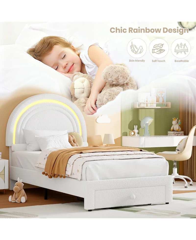 gaomon Twin Led Bed Frame with Storage Drawer, Rainbow Headboard, Fleece Princess Platform for Kids, Wood Slats
