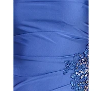 City Studios Juniors' Drape Neck Side Ruffle Gown