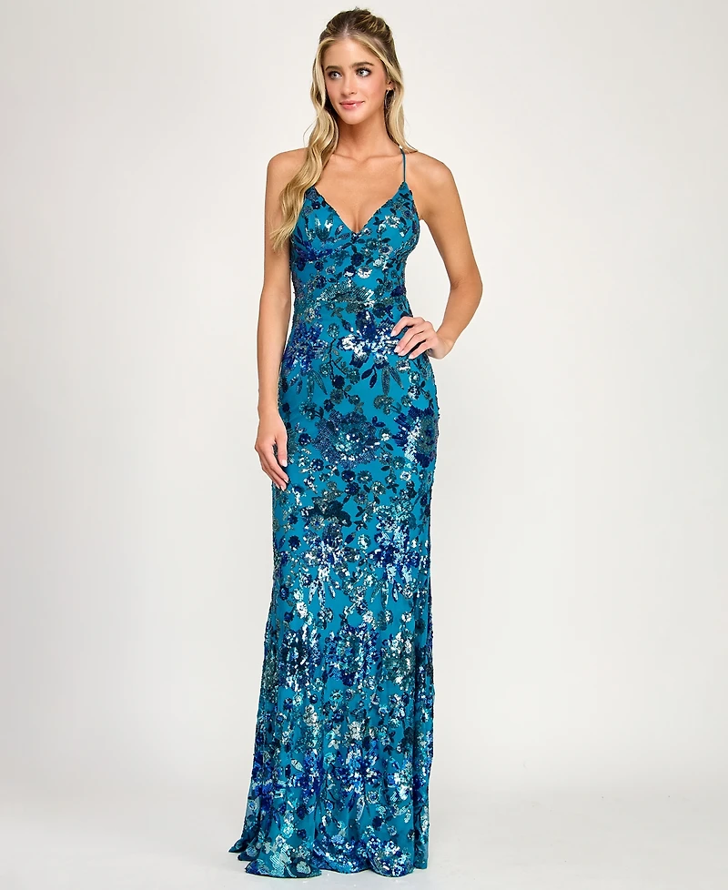 City Studios Juniors' Sequin V-Neck Gown