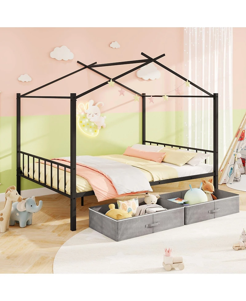 Slickblue Kids Full Metal House Bed with Roof Frame and Fabric Drawers - 56
