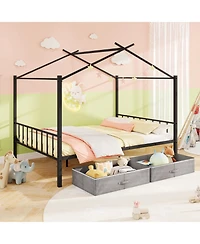 Slickblue Kids Full Metal House Bed with Roof Frame and Fabric Drawers - 56