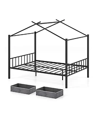 Slickblue Kids Full Metal House Bed with Roof Frame and Fabric Drawers - 56