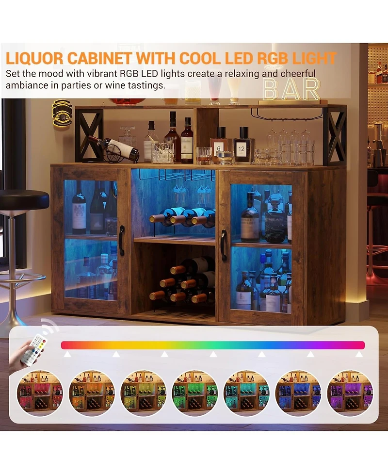 Gaomon Wine Bar Cabinet with Led Lights & Power Outlets, Farmhouse Liquor Rack Glass Holder