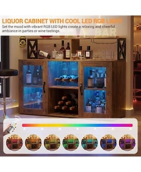 Gaomon Wine Bar Cabinet with Led Lights & Power Outlets, Farmhouse Liquor Rack Glass Holder