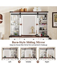 Volenca Farmhouse Vanity Desk with Barn-Style Sliding Mirror and 3 Lighting Modes