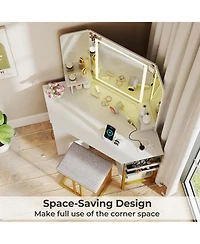 Volenca Corner Vanity Desk with Triple Mirror and Lights, Makeup Dressing Table