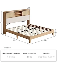 gaomon King Size Rattan Bed Frame with Headboard, Storage Shelves, Boho Solid Wood Platform, Sliding Door Shelf
