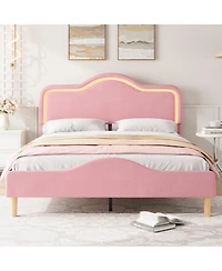 gaomon Full Velvet Bed Frame with Led Headboard & Footboard, Princess Platform, Slats